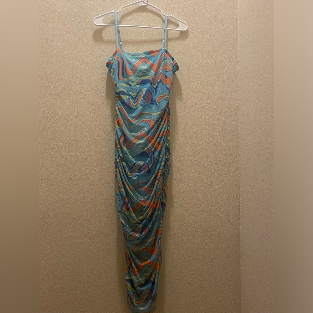 Y2K inspired colorful psychedelic print body con dress size medium